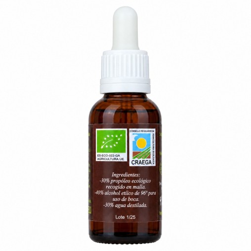Propóleo ecológico de 30 ml — ingredientes y certificación ecológica del envase