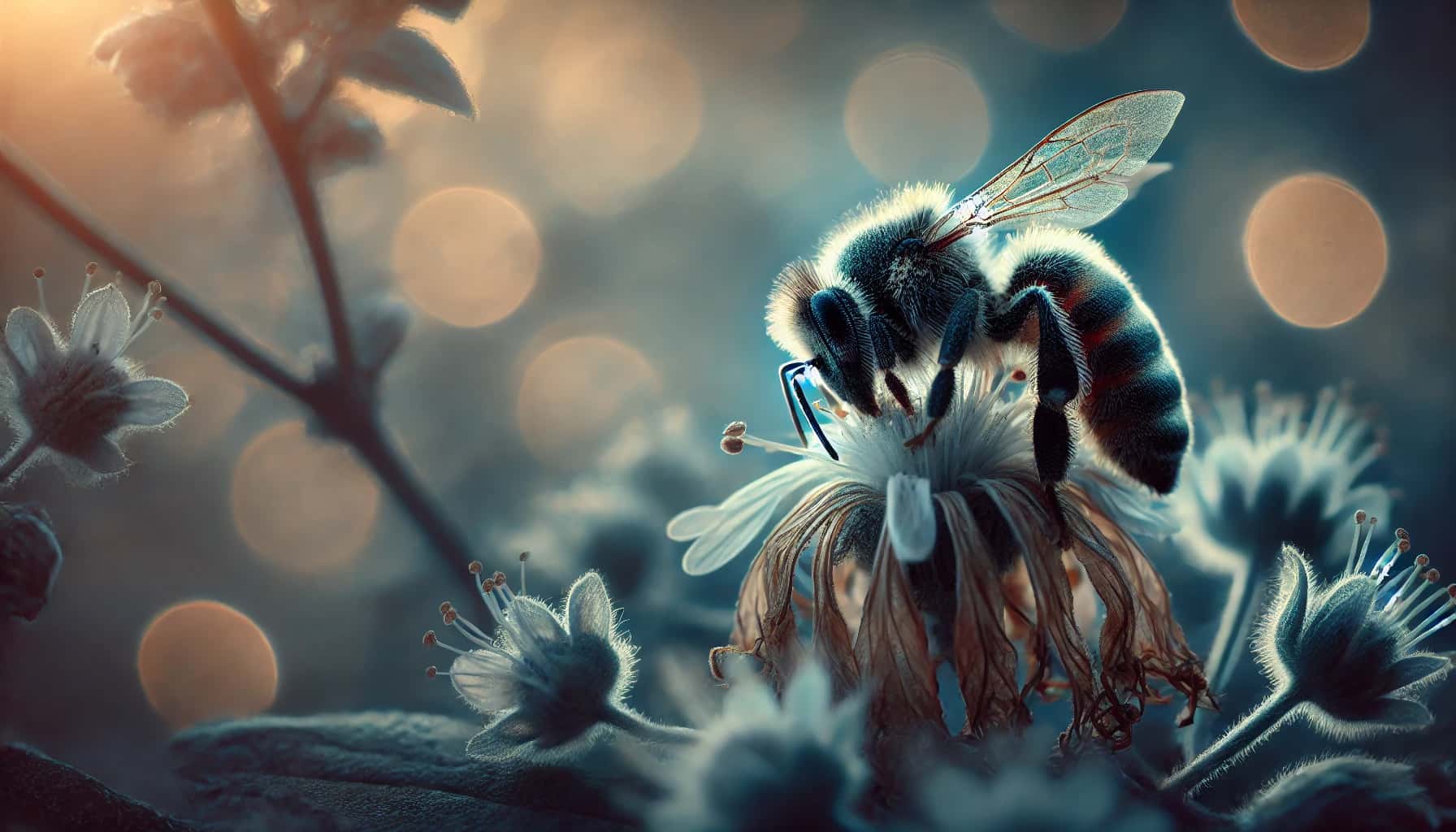 Abeja anciana descansando en una flor