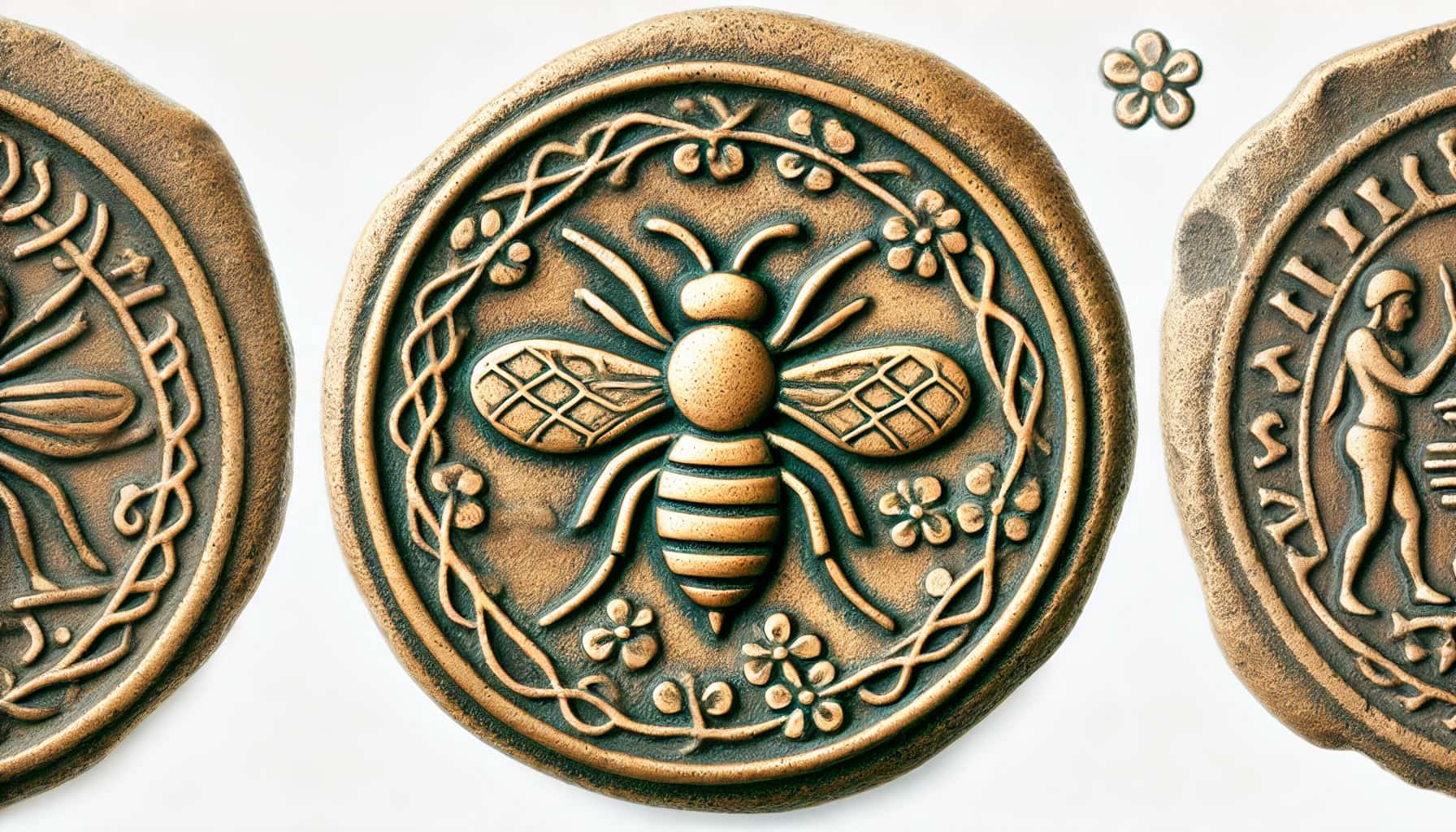 Moneda antigua con símbolo de abeja