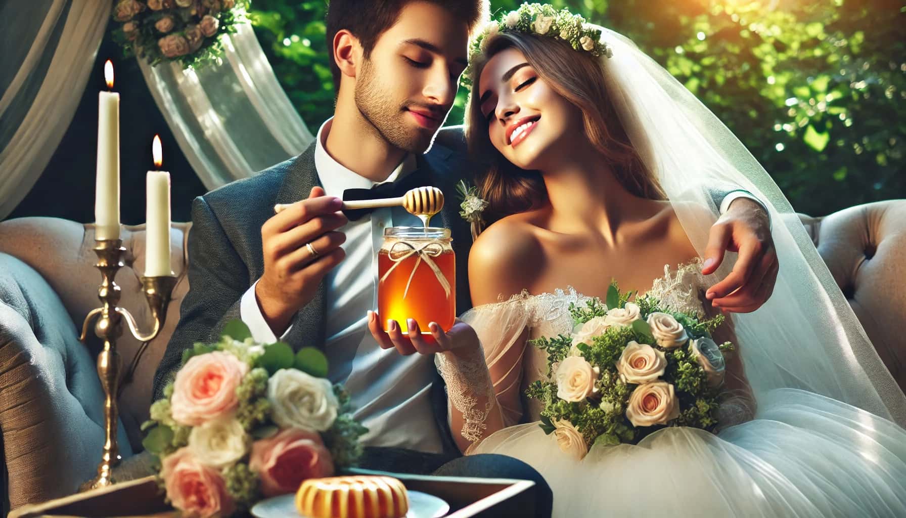 Pareja de recién casados disfrutando de un tarro de miel